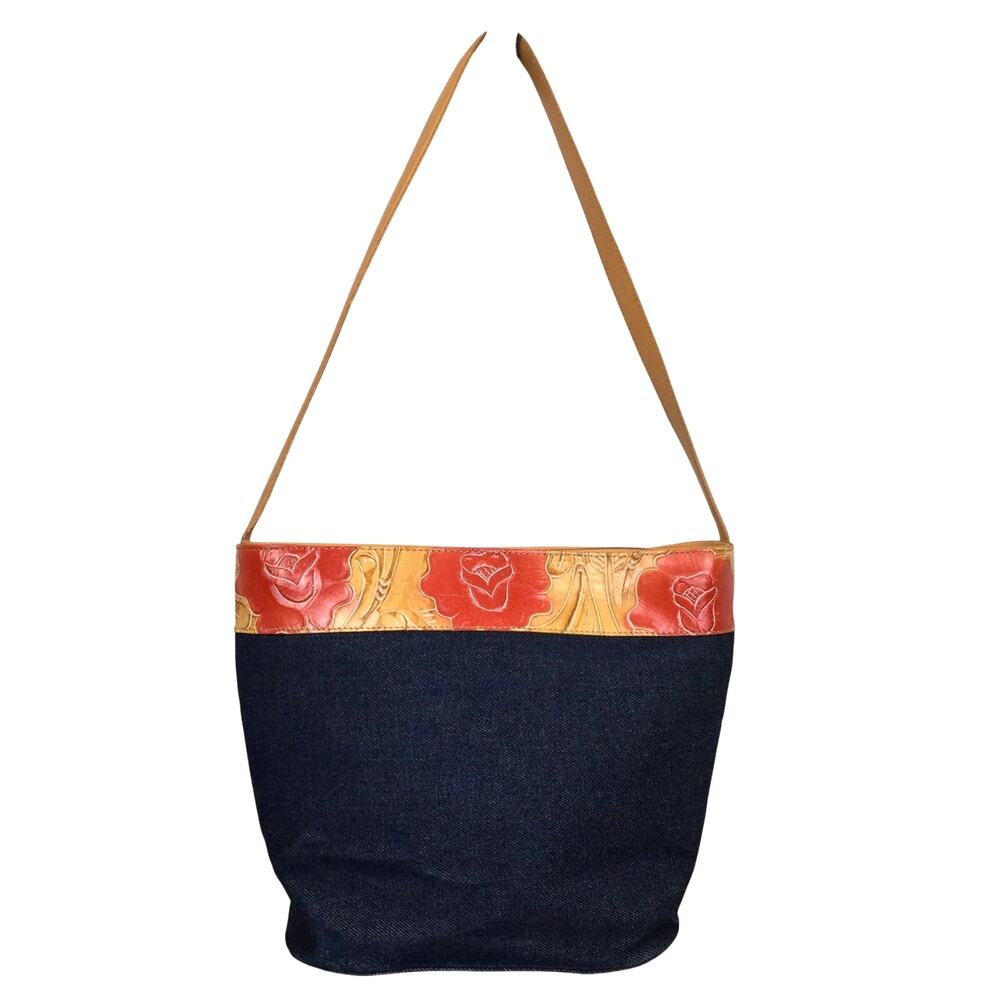 Berge Embossed Rose Leather Dark Wash Blue Denim Single Handle Bucket Handbag